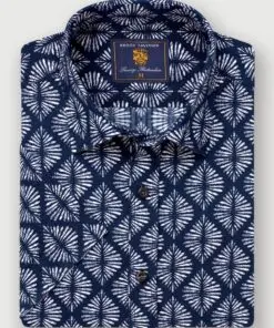 Regular Fit Navy Geometric Print Seersucker Short Sleeve Shirt