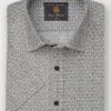 Regular Fit Khaki Geometric Print Seersucker Short Sleeve Shirt