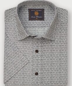 Regular Fit Khaki Geometric Print Seersucker Short Sleeve Shirt