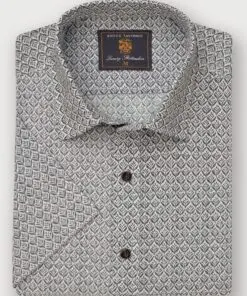 Regular Fit Khaki Geometric Print Seersucker Short Sleeve Shirt