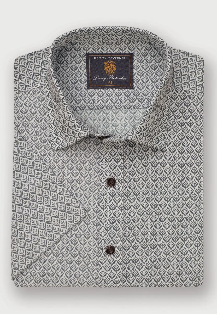 Regular Fit Khaki Geometric Print Seersucker Short Sleeve Shirt