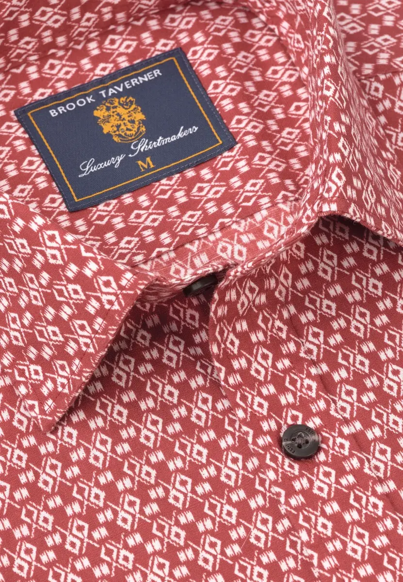 Regular Fit Wine Geometric Print Slub Cotton Short Sleeve Shirt - Image 2