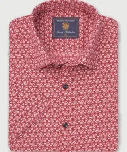 Regular Fit Wine Geometric Print Slub Cotton Short Sleeve Shirt