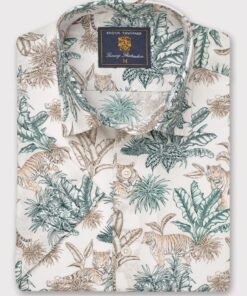 Regular Fit Khaki Tiger Tropical Print Short Sleeve Shirt