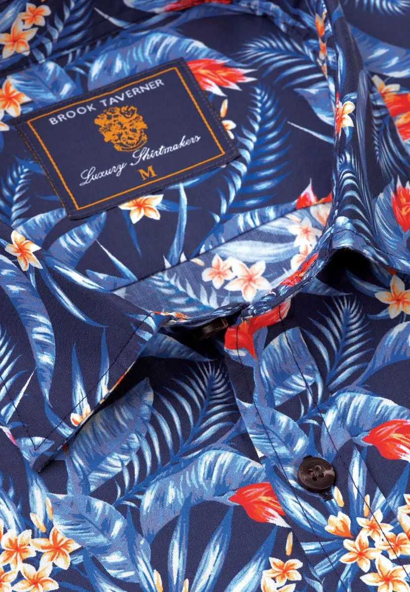 Regular Fit Navy Bird of Paradise Tropical Print Short Sleeve Shirt - Image 2