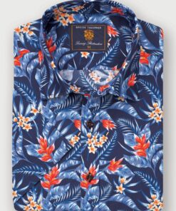 Regular Fit Navy Bird of Paradise Tropical Print Short Sleeve Shirt