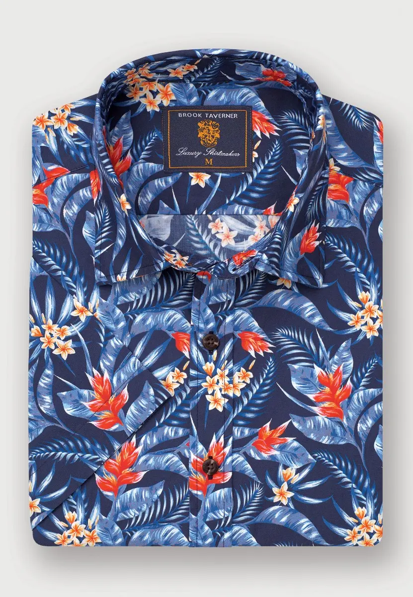 Regular Fit Navy Bird of Paradise Tropical Print Short Sleeve Shirt
