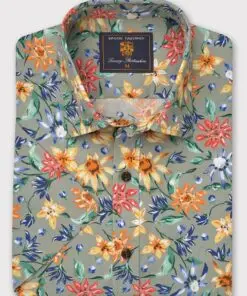 Regular Fit Sage Retro Tropical Print Short Sleeve Shirt