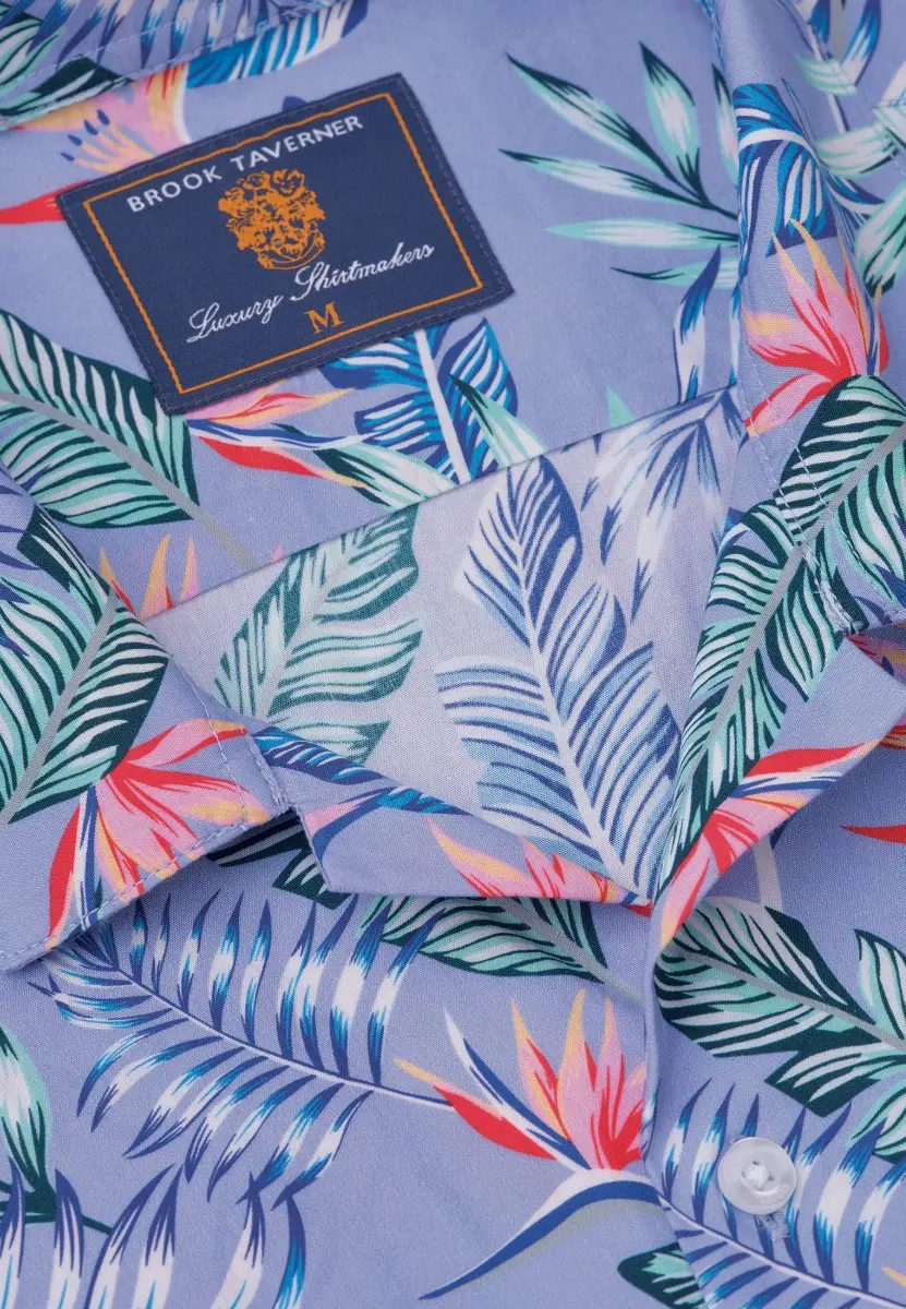 Regular Fit Blue Tropical Revere Collar Short Sleeve Shirt - Image 2