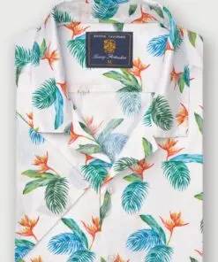 Regular Fit White Watercolour Tropical Revere Collar Short Sleeve Shirt