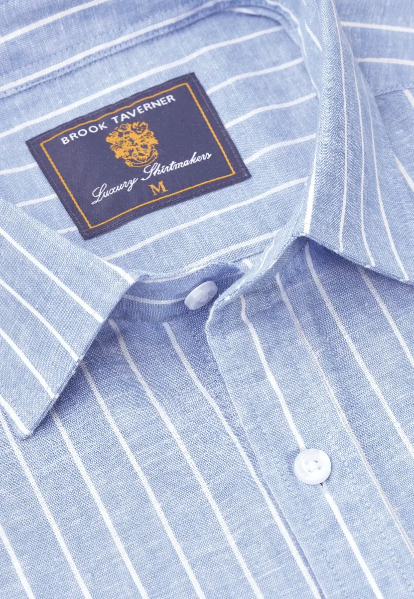 Regular Fit Sky Blue Stripe Pure Linen Shirt - Image 2