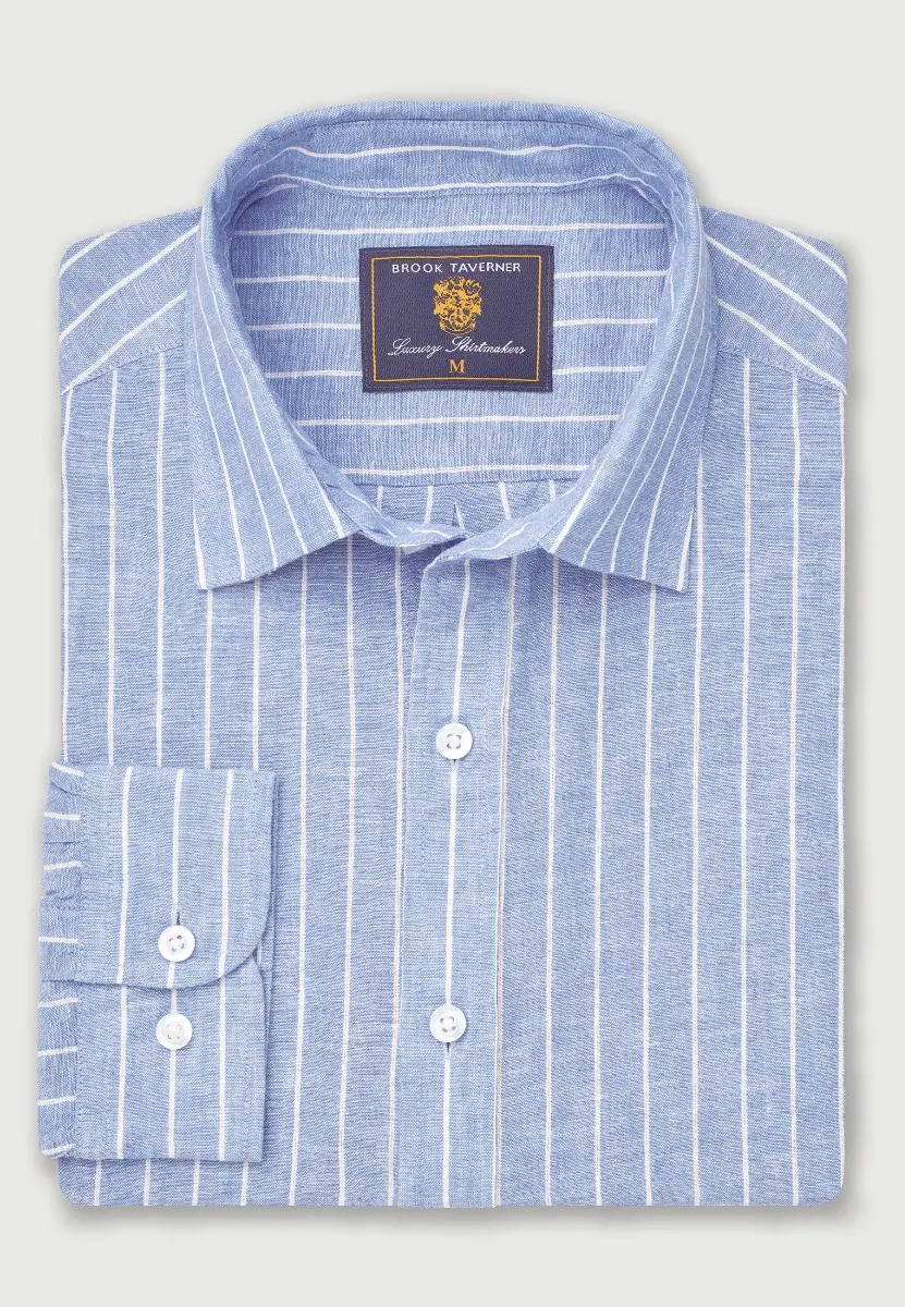 Regular Fit Sky Blue Stripe Pure Linen Shirt