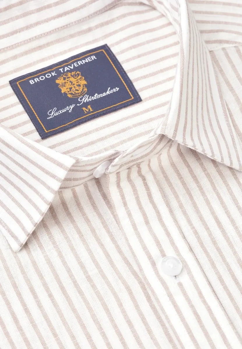 Regular Fit Taupe Stripe Pure Linen Shirt - Image 2