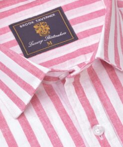 Alternative view of Regular Fit Magenta Stripe Pure Linen Short Sleeve Shirt