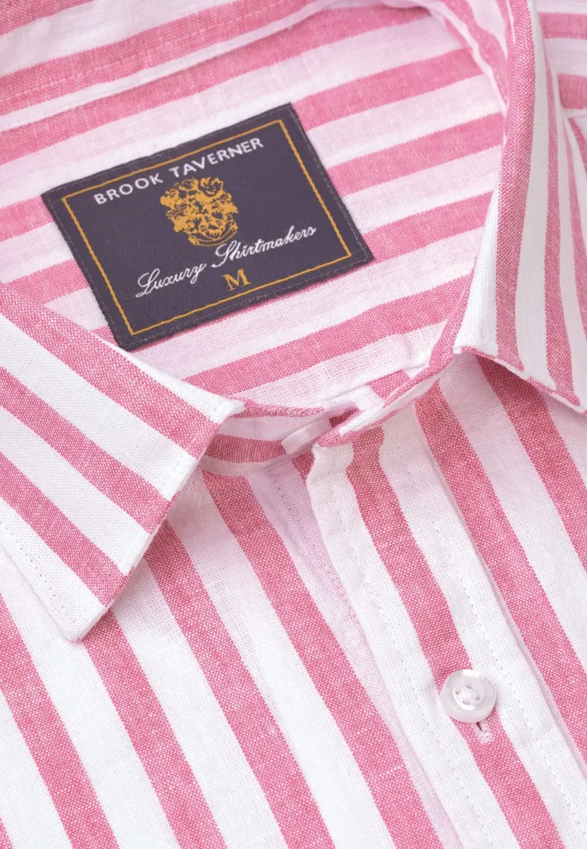 Regular Fit Magenta Stripe Pure Linen Short Sleeve Shirt - Image 2