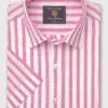 Regular Fit Magenta Stripe Pure Linen Short Sleeve Shirt