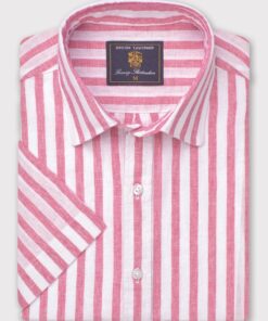 Regular Fit Magenta Stripe Pure Linen Short Sleeve Shirt