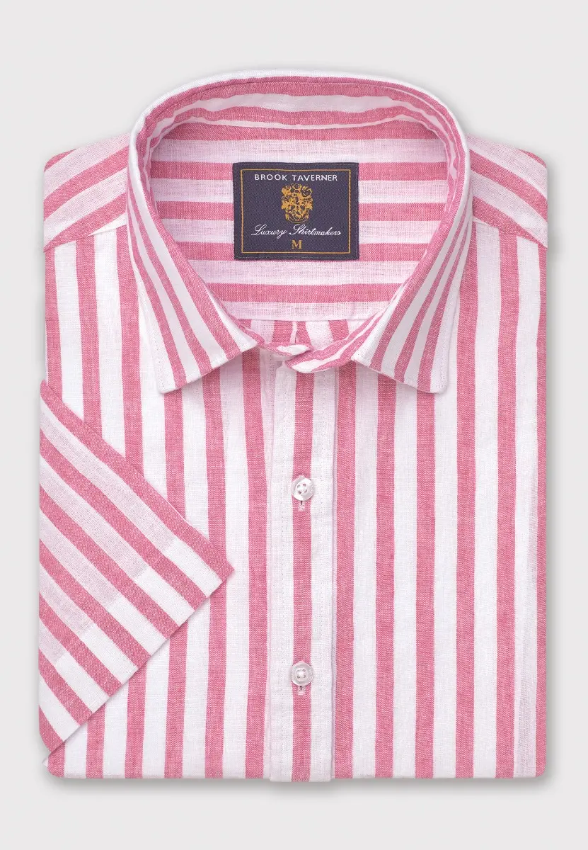Regular Fit Magenta Stripe Pure Linen Short Sleeve Shirt