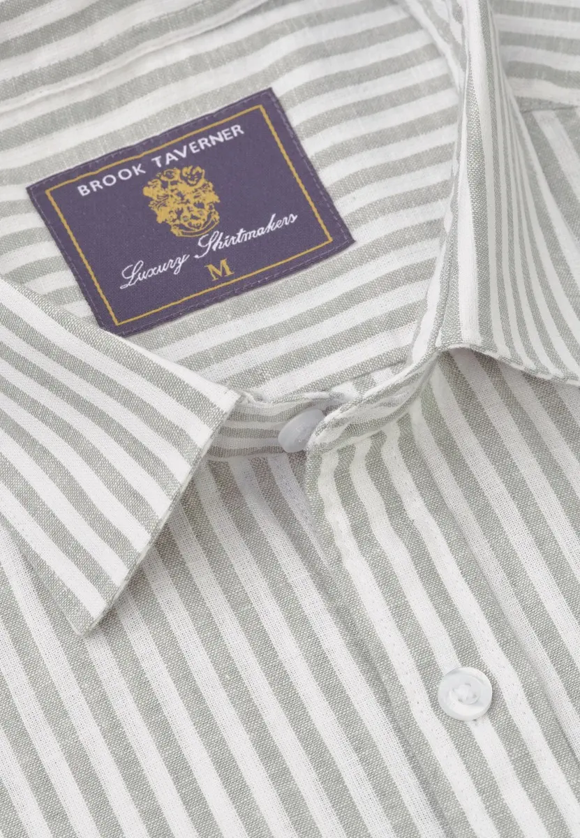 Regular Fit Khaki Stripe Pure Linen Short Sleeve Shirt - Image 2