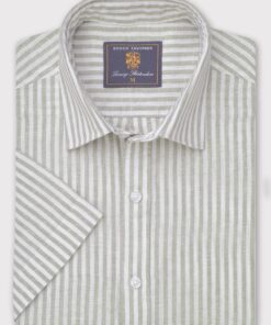 Regular Fit Khaki Stripe Pure Linen Short Sleeve Shirt