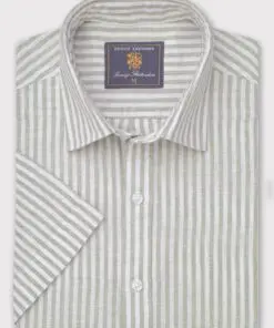 Regular Fit Khaki Stripe Pure Linen Short Sleeve Shirt