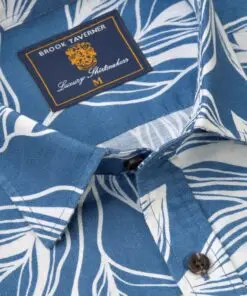 Alternative view of Regular Fit Blue Leaf Print Linen Cotton Short Sleeve Shirt