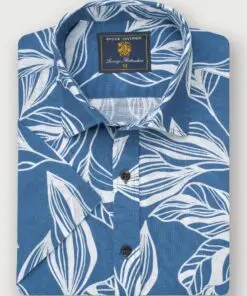 Regular Fit Blue Leaf Print Linen Cotton Short Sleeve Shirt