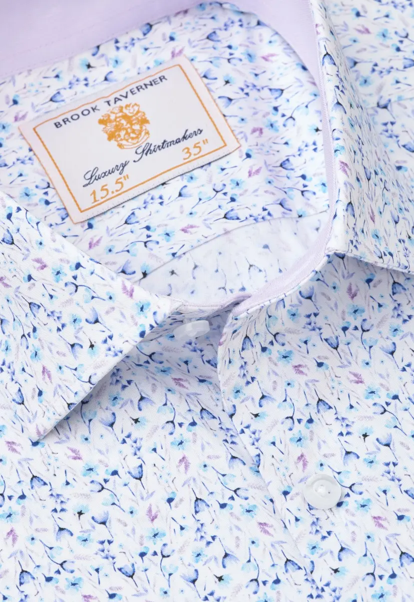 Regular Fit Blue Ditsy Floral Stretch Cotton Shirt - Image 2