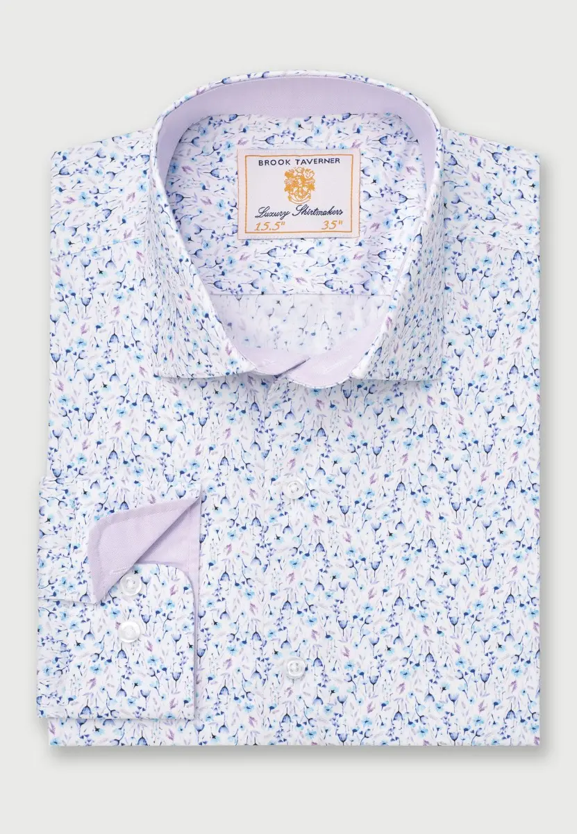 Tailored Fit Blue Ditsy Floral Stretch Cotton Shirt