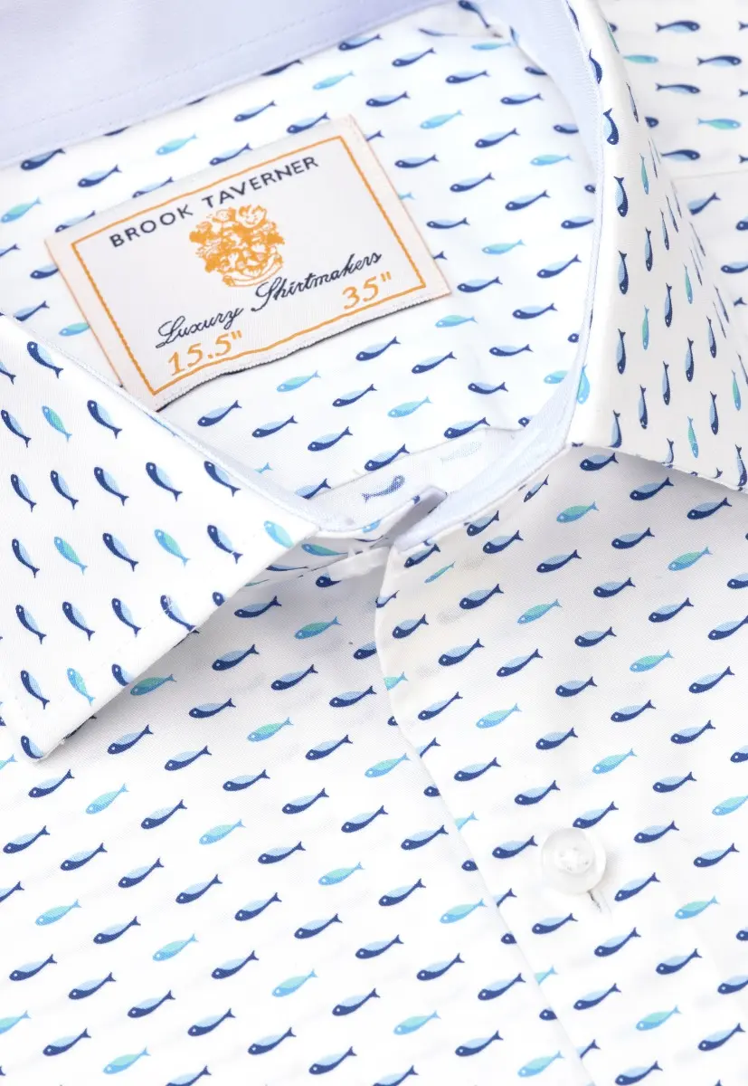 Regular Fit Turquoise Tiny Fish Stretch Cotton Shirt - Image 2