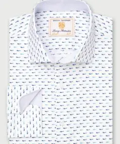Regular Fit Turquoise Tiny Fish Stretch Cotton Shirt