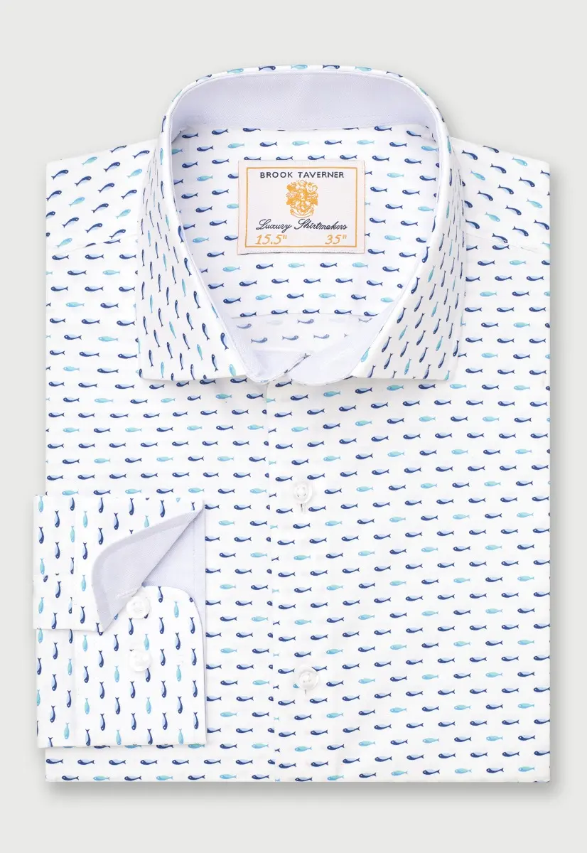 Tailored Fit Turquoise Tiny Fish Stretch Cotton Shirt