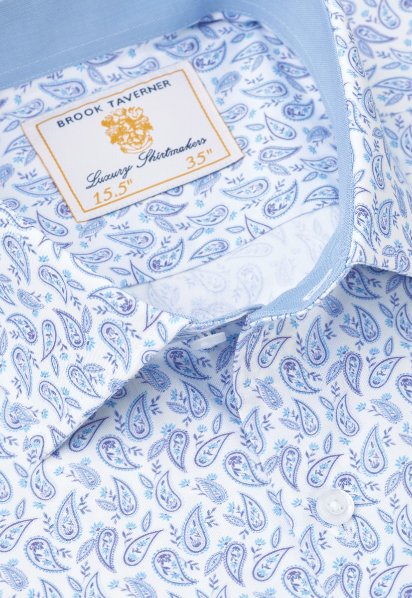 Regular Fit Blue Paisley Stretch Cotton Shirt - Image 2