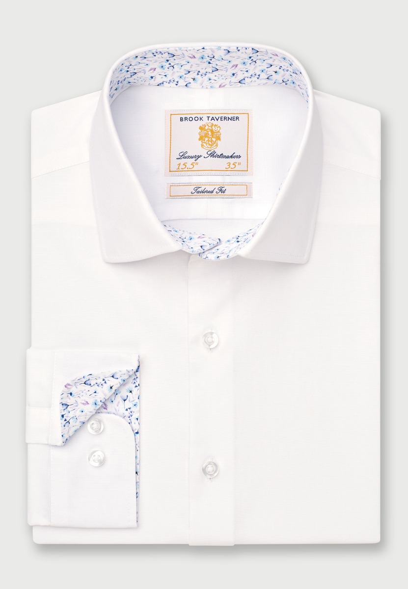 Tailored Fit White Herringbone Stretch Cotton Shirt