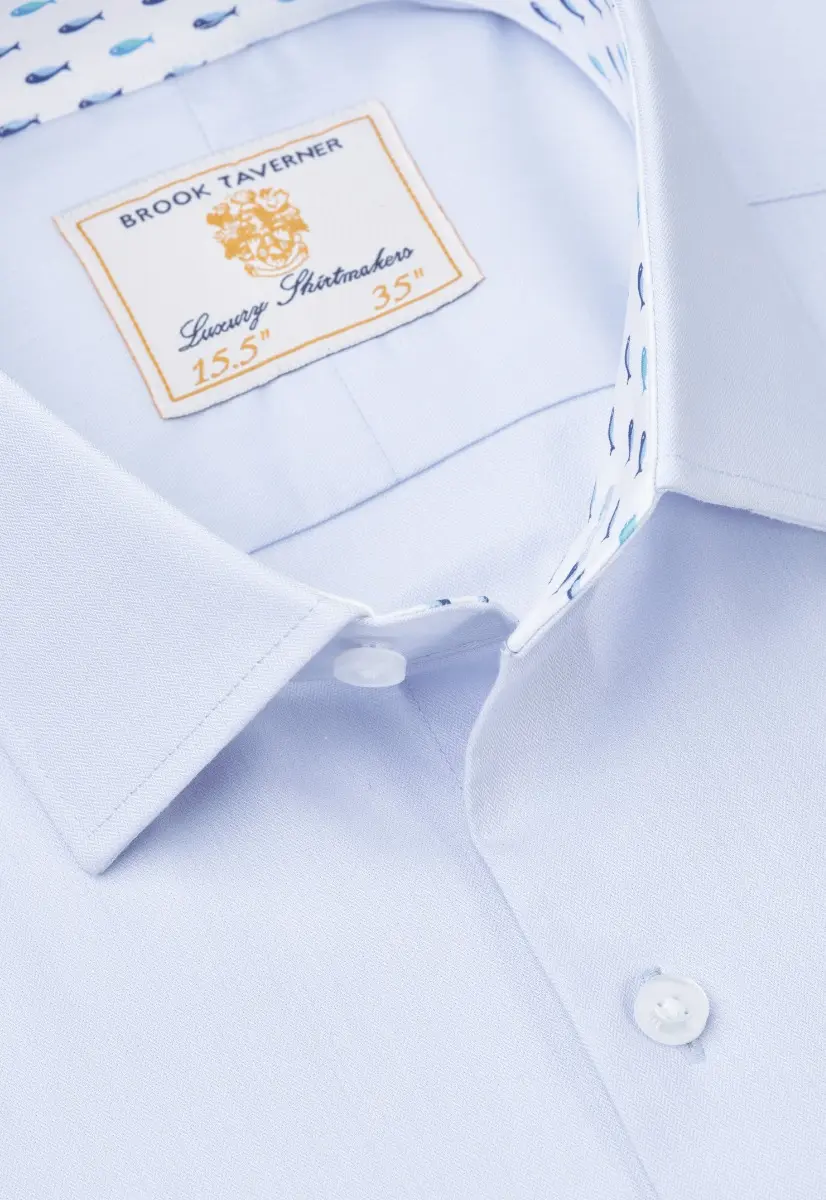 Tailored Fit Sky Blue Herringbone Stretch Cotton Shirt - Image 2