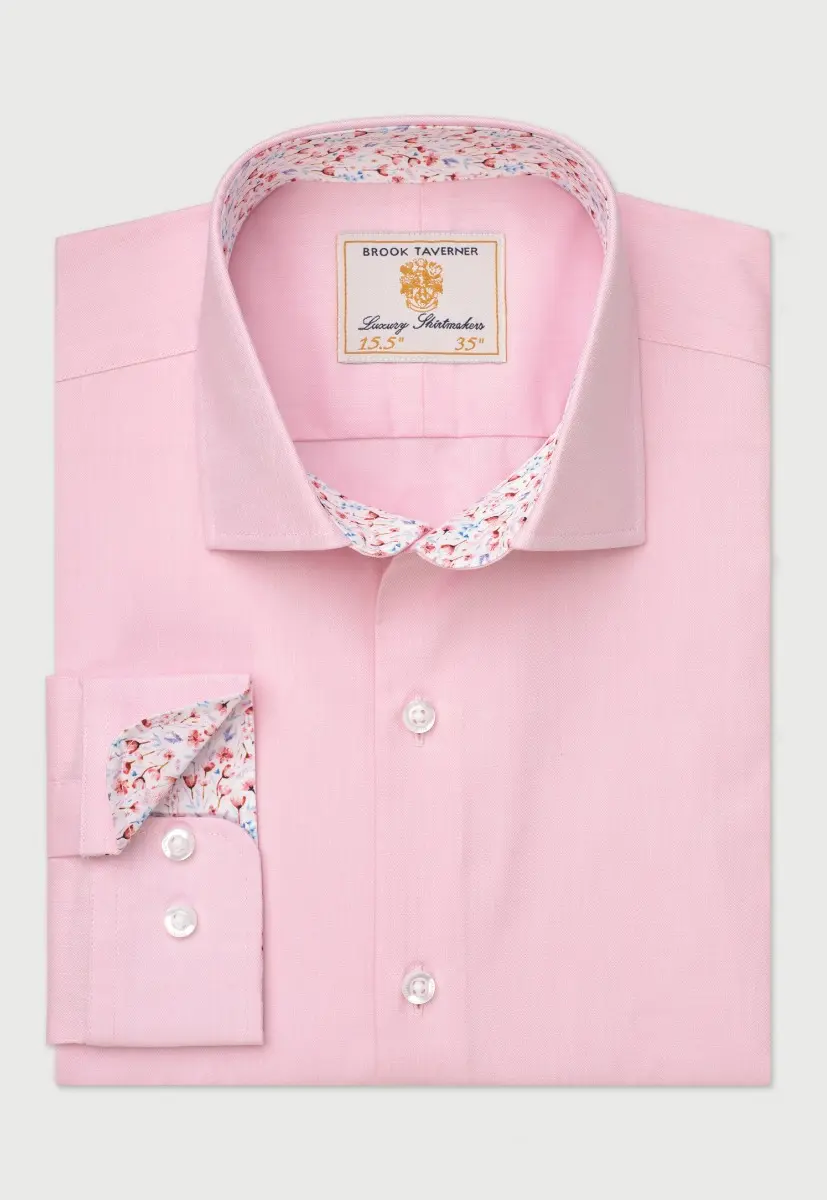 Tailored Fit Pink Herringbone Stretch Cotton Shirt