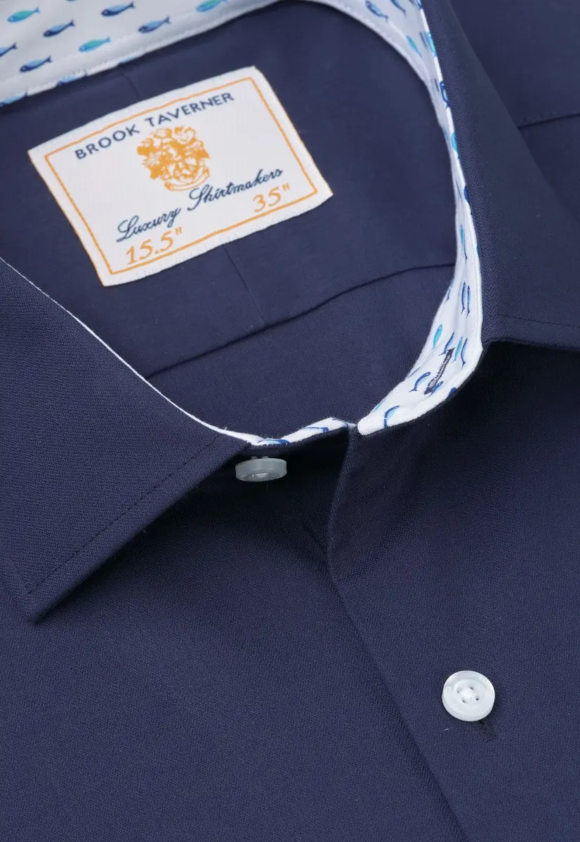 Regular Fit Navy Herringbone Stretch Cotton Shirt - Image 2