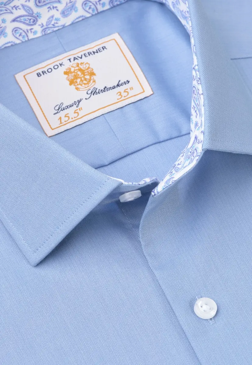 Tailored Fit Blue Herringbone Stretch Cotton Shirt - Image 2