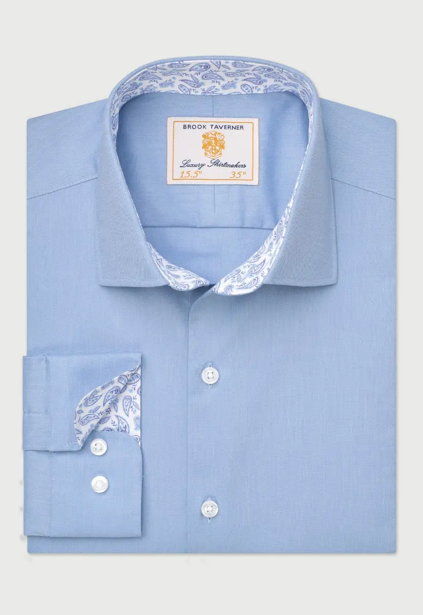 Regular Fit Blue Herringbone Stretch Cotton Shirt