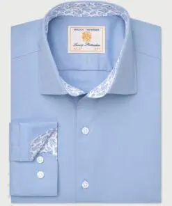 Tailored Fit Blue Herringbone Stretch Cotton Shirt