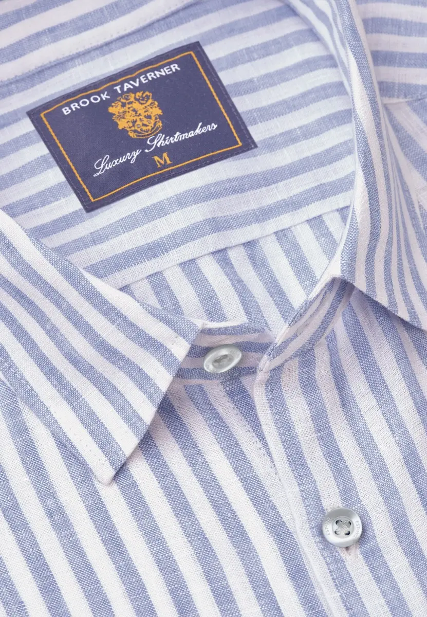 Regular Fit Blue Stripe Pure Linen Shirt - Image 2