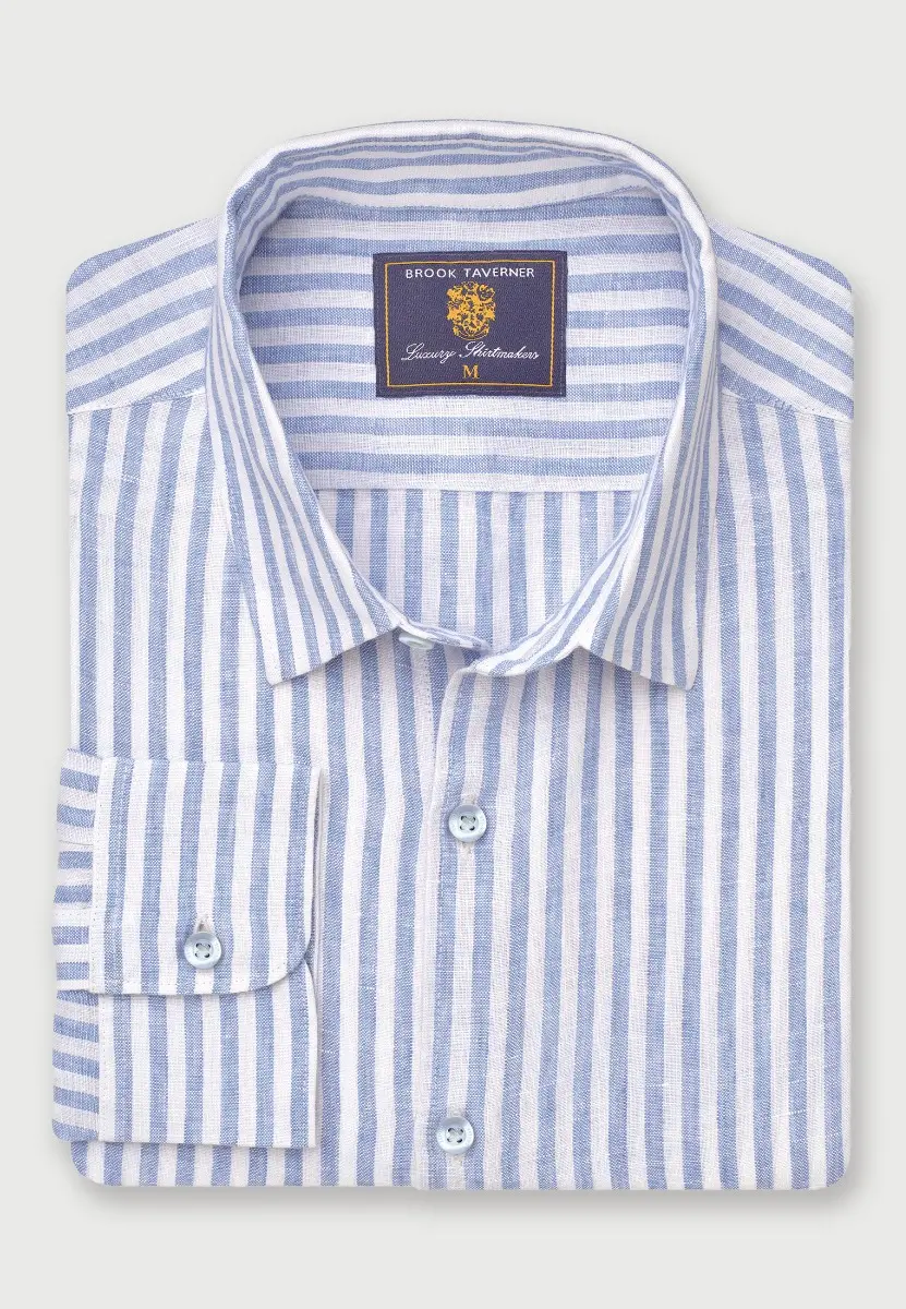 Regular Fit Blue Stripe Pure Linen Shirt