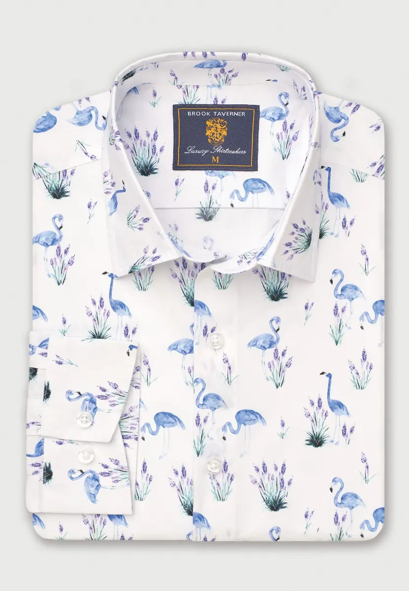 Regular Fit White Flamingo Print Cotton Shirt
