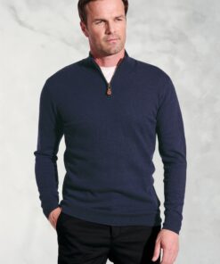 Sussex Navy Cotton Merino Zip Neck Jumper