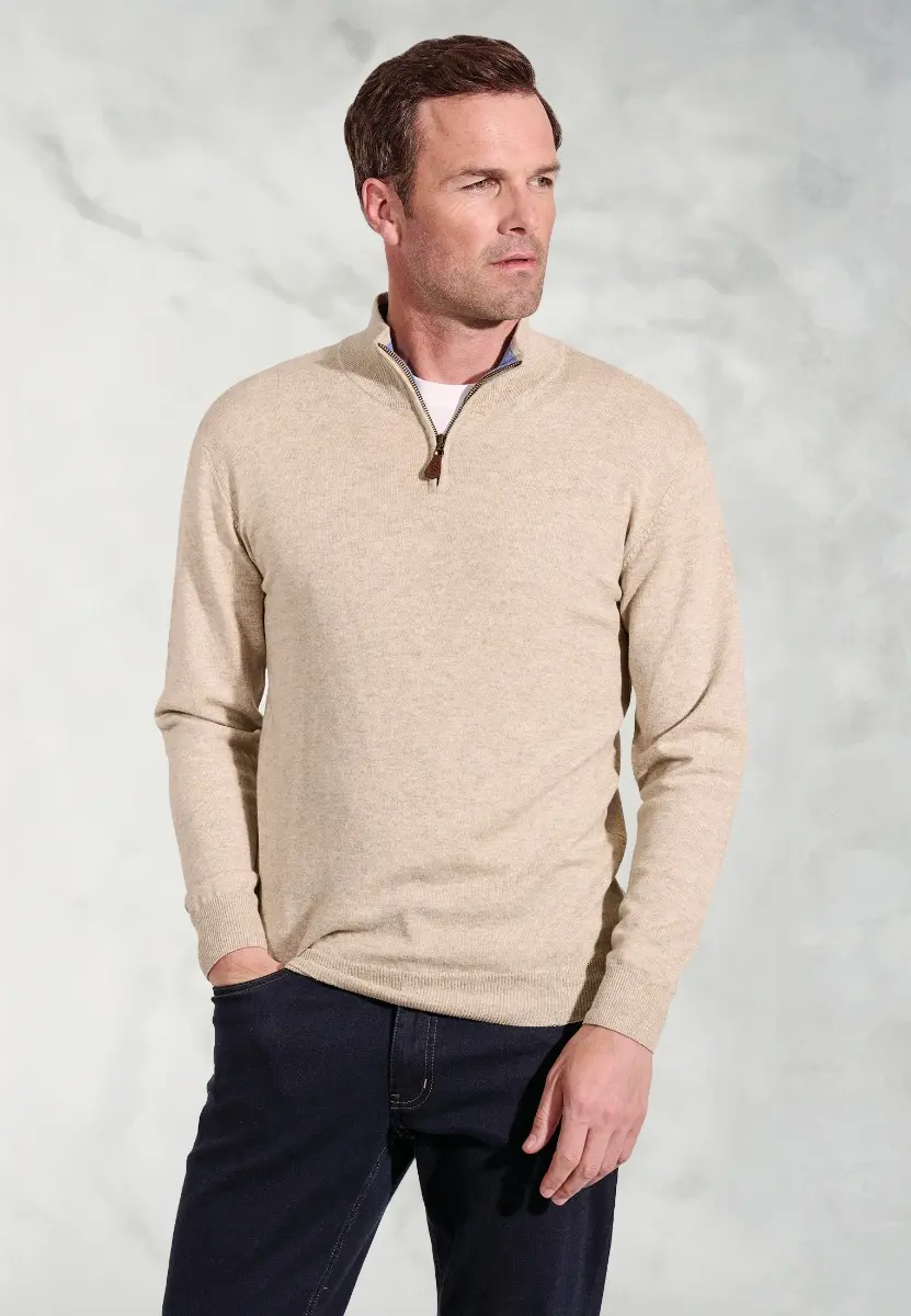 Sussex Stone Cotton Merino Zip Neck Jumper