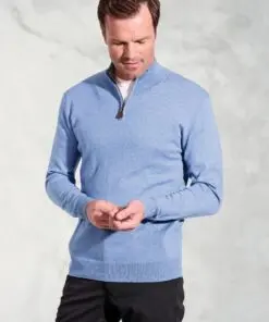 Sussex Sky Blue Cotton Merino Zip Neck Jumper