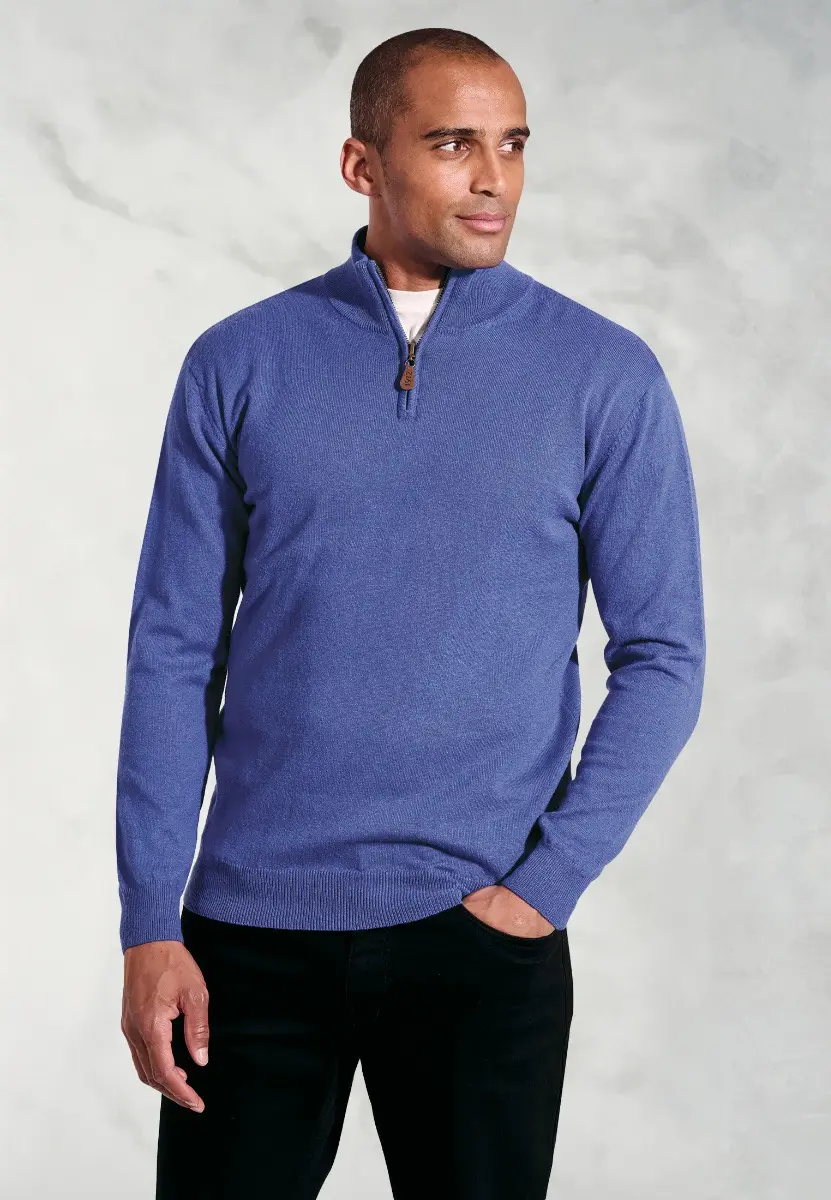 Sussex Electric Blue Cotton Merino Zip Neck Jumper
