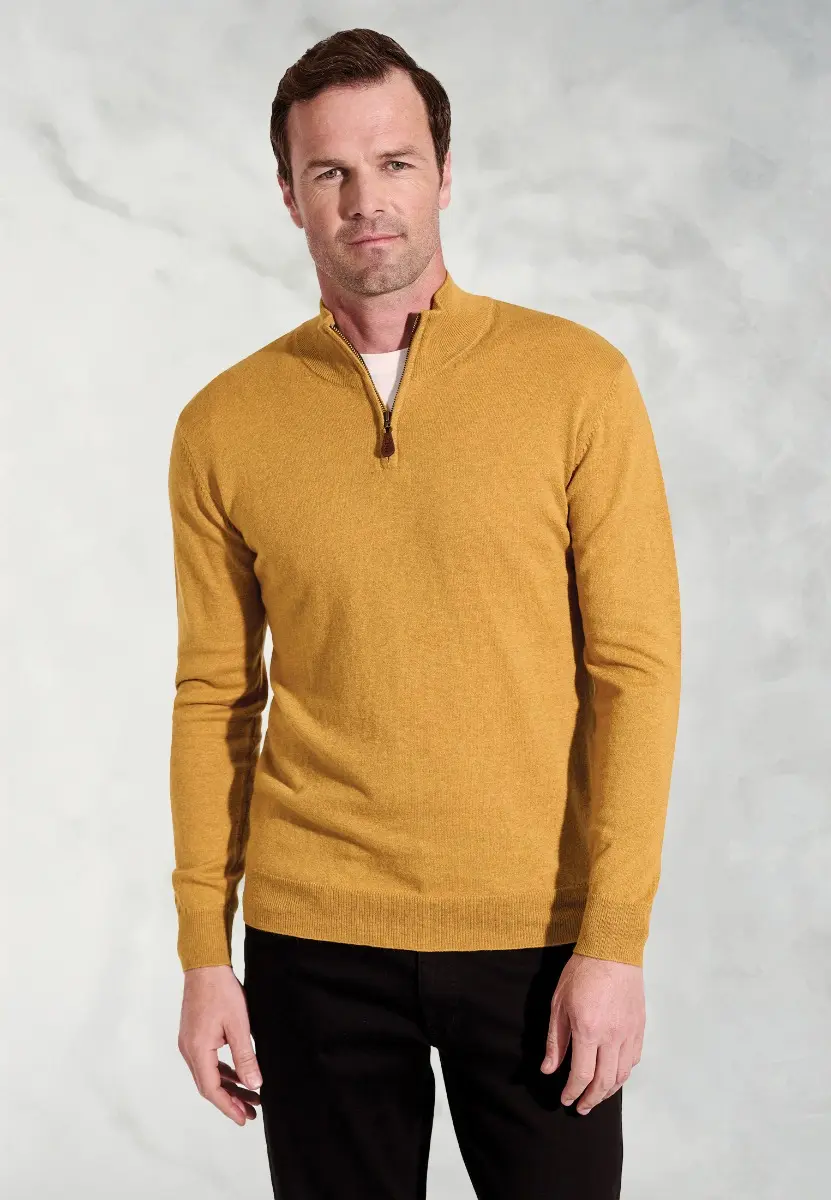 Sussex Mustard Cotton Merino Zip Neck Jumper
