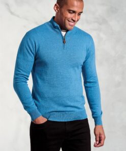 Sussex Sea Blue Cotton Merino Zip Neck Jumper