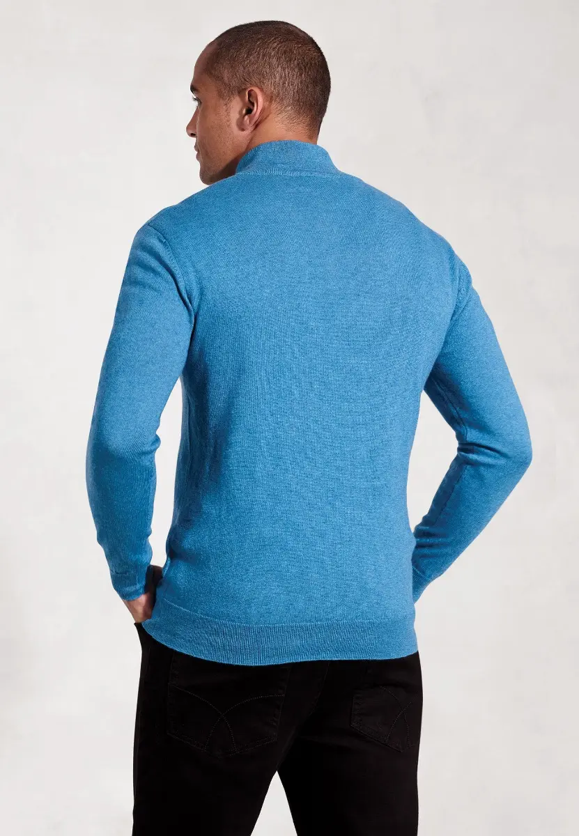Sussex Sea Blue Cotton Merino Zip Neck Jumper - Image 2